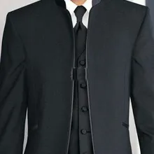 Черные смокинги для жениха на заказ, мужские свадебные костюмы с воротником мандарина(пиджак+ брюки+ галстук+ жилет)/Лучший мужской костюм для мужчин