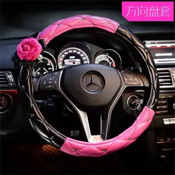 

PU leather lady car steering wheel cover rose flower 38cm 14.96 inch Universal size Woman Car Decoration Black and Red White 1pc