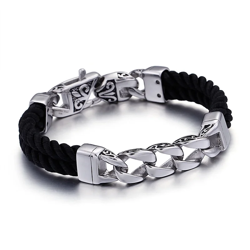 www.ermes-unice.fr : Buy Black Genuine Leather Bracelet Wristband Men&#39;s Stainless Steel Cuban chain ...