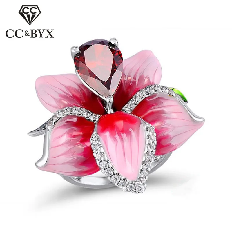 

CC Hyperbole Jewelry Rings For Women Rose Flower Shaped Red Water Drop Cubic Zirconia Stone Party Gift Drop Shipping CC2311