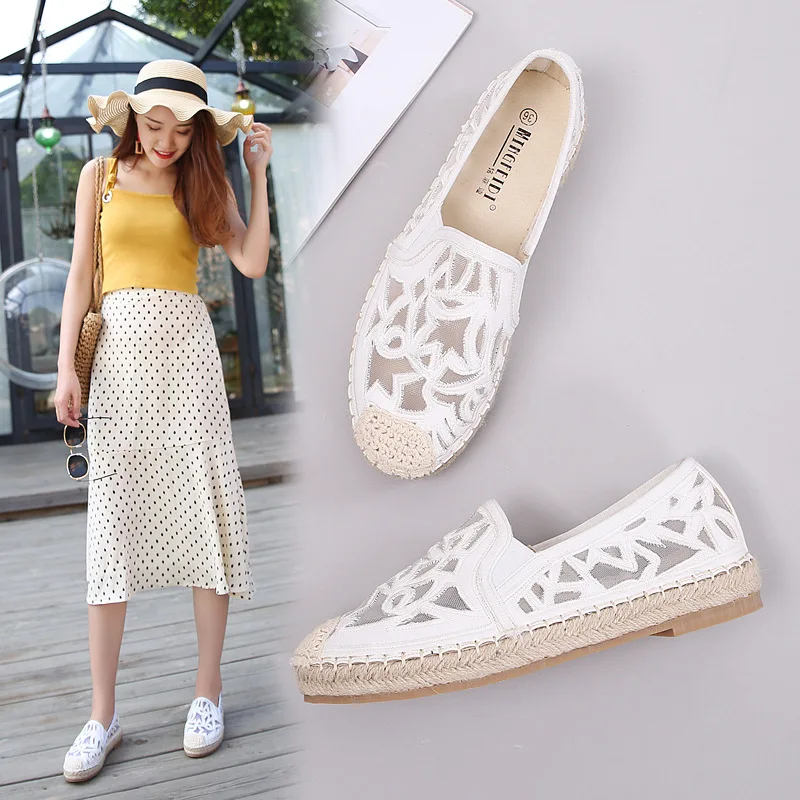 

Shoes Woman 2019 Summer Women Lace Hollow Out Hemp Rope Weaving Fishermen Flats Loafers Female Moccasin Casual Floral Slippers