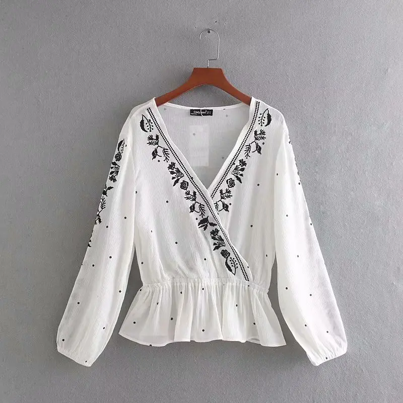 

women vintage cross v neck floral embroidery casual kimonno blouse shirt women hem ruffles femininas blusas chic tops LS3802