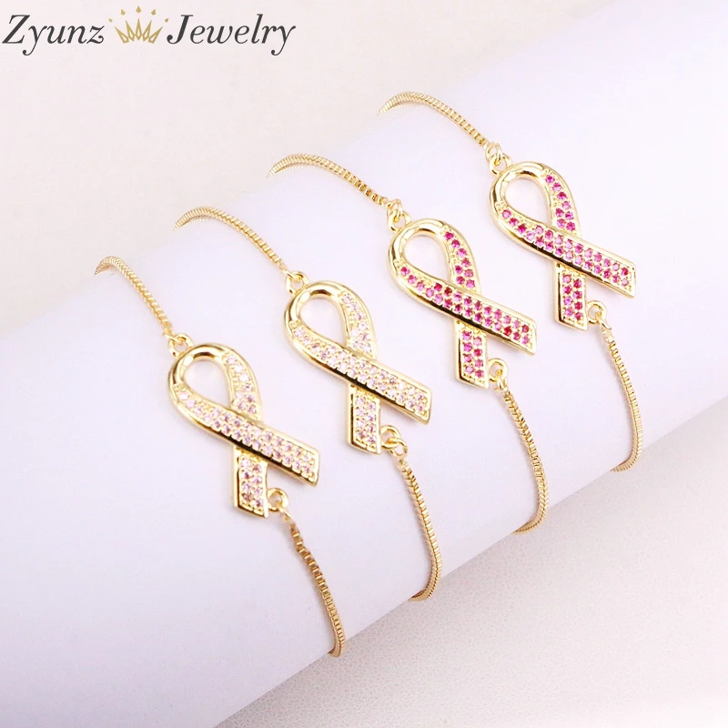 

10PCS ZYZ320-5754 Breast cancer ribbon connector chain, Pink Rose CZ micro paved, Cubic Zirconia CZ spacer connector bracelets
