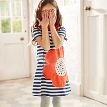 Summer girls clothes dress 2016 cute O-neck Striped Blue Casual soft cotton Flower short sleeve dresses for kids girls 2-9T