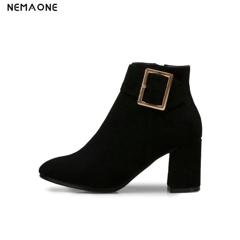 

NEMAONE Women casual shoes high heels ankle boots buckle ladies dress boots black gray brown large size 42 43