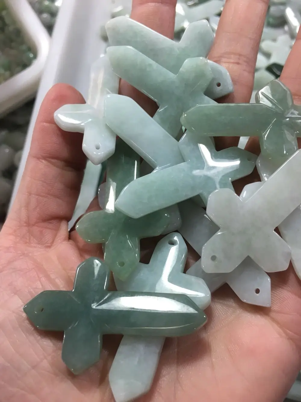 Certified Light Green Natural Jadeite Jade Carved crosses DIY Pendant
