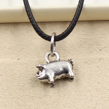 

New Fashion Tibetan Silver Color Pendant Pig Necklace Choker Charm Black Leather Cord Factory Price Handmade Jewelry