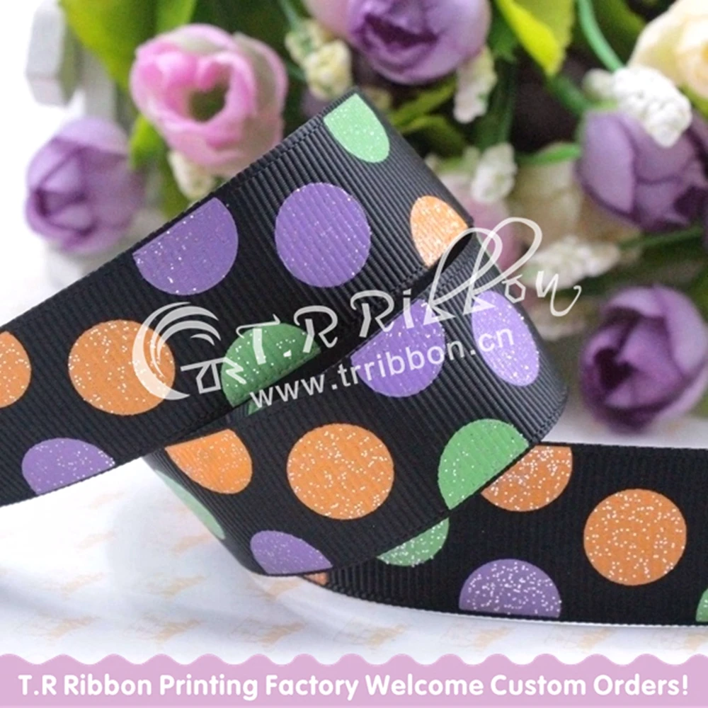 7/8" printed three colors big dots grosgrain ribbon with glitter 030