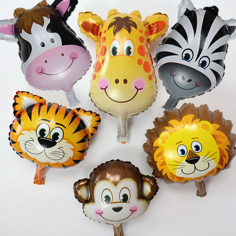 

10pcs mini Lion & monkey & zebra & deer & cow & tiger Head Helium Foil Balloons Birthday Party Animal globos theme party suppies