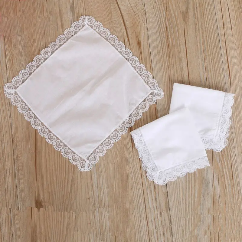  25x25cm Women Plain White Square Handkerchiefs Crochet Peach Heart Scalloped Lace Trim Bridal Weddi