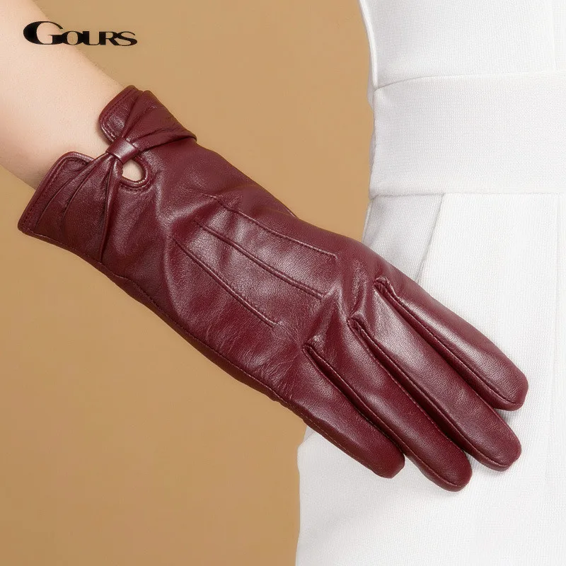 

Gours Fall and Winter Genuine Leather Gloves for Women Wine Red Goatskin Gloves New Arrival Fashion Warm Mittens GSL045