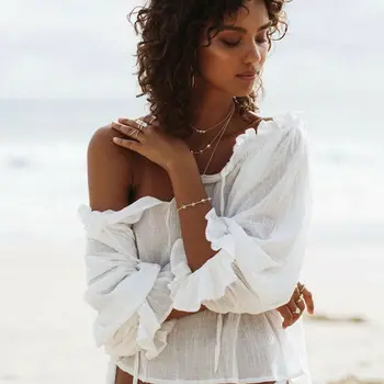 

Women Summer Shirt Blouse Flounce Flared Sleeve Loose Beach Smock Tops Sexy New White Bikini Cover Up Swimwear