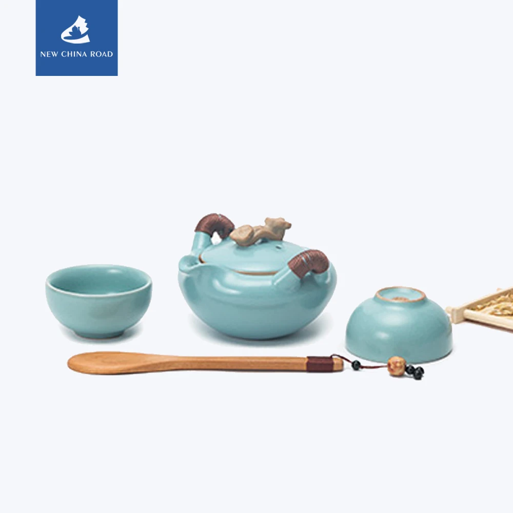 

Newchinaroad Jun kiln ware porcelain portable Chinese Kungfu tea pot set ceramic kettle with filter strainer