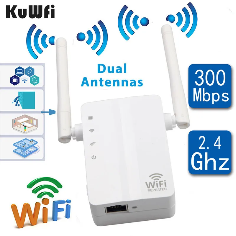 

KuWFi Wireless N Wifi Repeater 802.11n/b/g Network Router Long Distance Wifi Expander 300Mbps 2dbi Antennas Signal Boosters