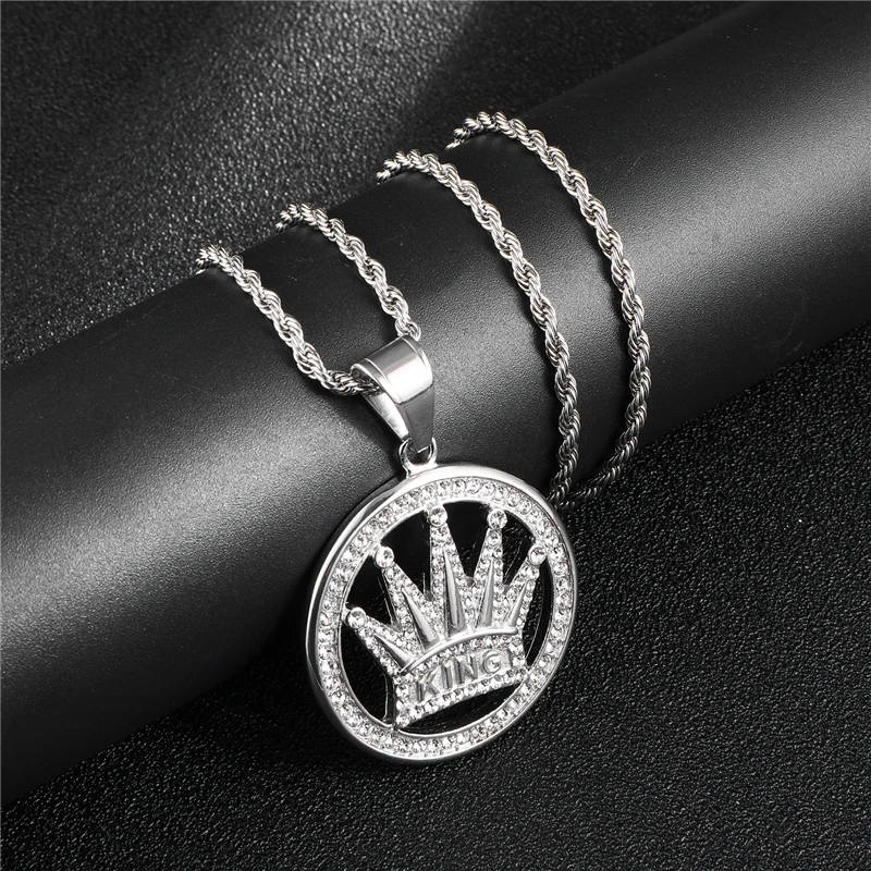 HIP Hop Bling Iced Out Cubic Zirconia Crown Necklaces Titanium Stainless Steel Round Necklaces& Pendants for Men Jewelry