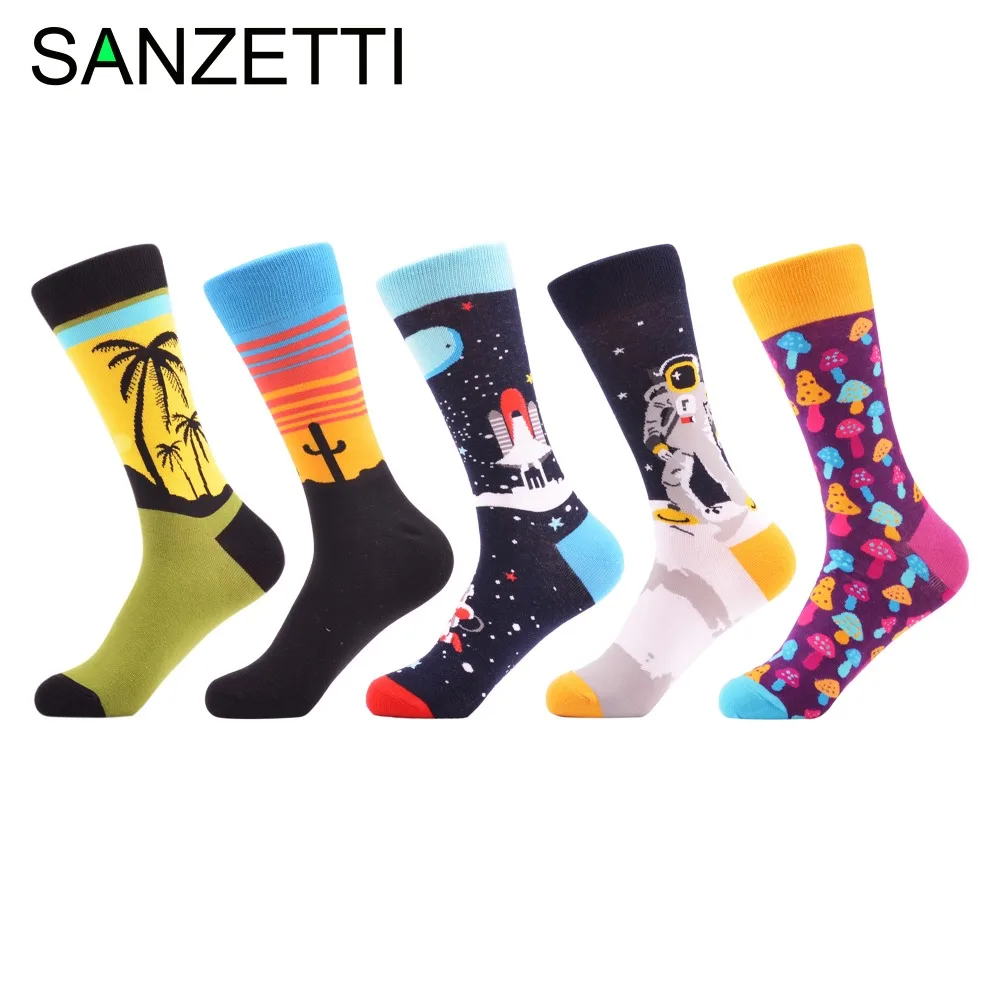 

SANZETTI 5 pairs/lot Colorful Men's Skateboard Socks Funny Design Combed Cotton Dress Wedding Socks Casual Crew Party Socks