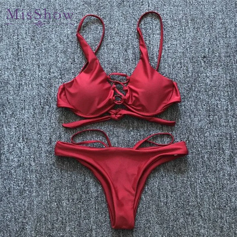 Misshow 2019 комплект бикини бинты Купальники для малышек пикантные женщин бордовый