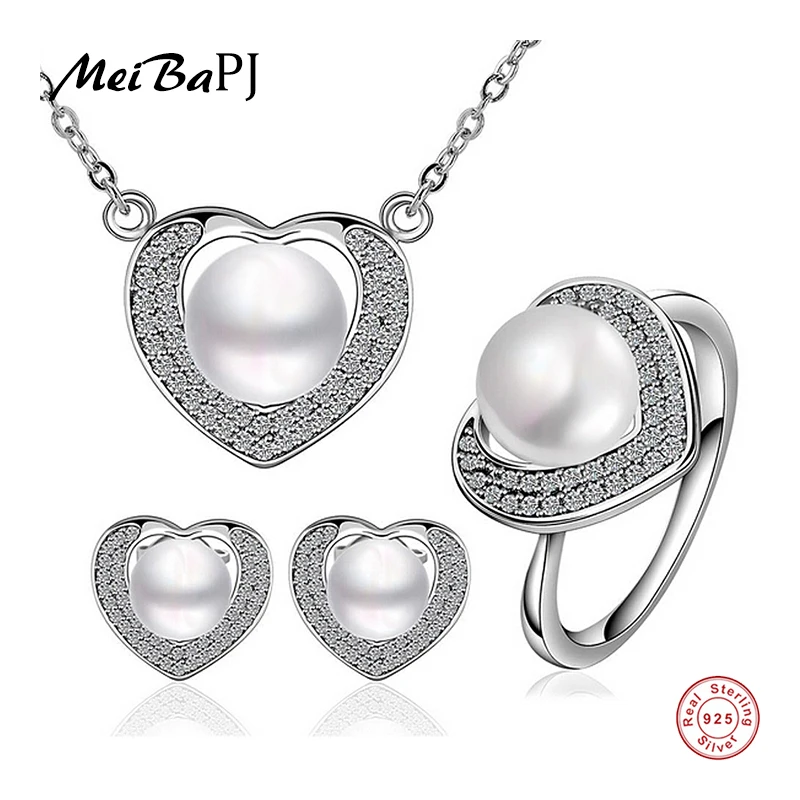 

[MeiBaPJ]New style love heart top quality 100% genuine freshwater pearl jewelry sets for women 925 silver metal with Gift box