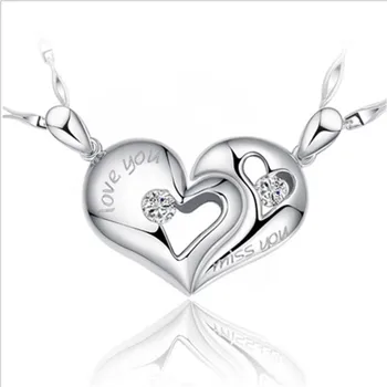 

LUKENI Fashion 925 Sterling Silver Couple Necklace Jewelry Trendy Zircon Heart Pendants Necklace For Girl Bridal Wedding Bijou