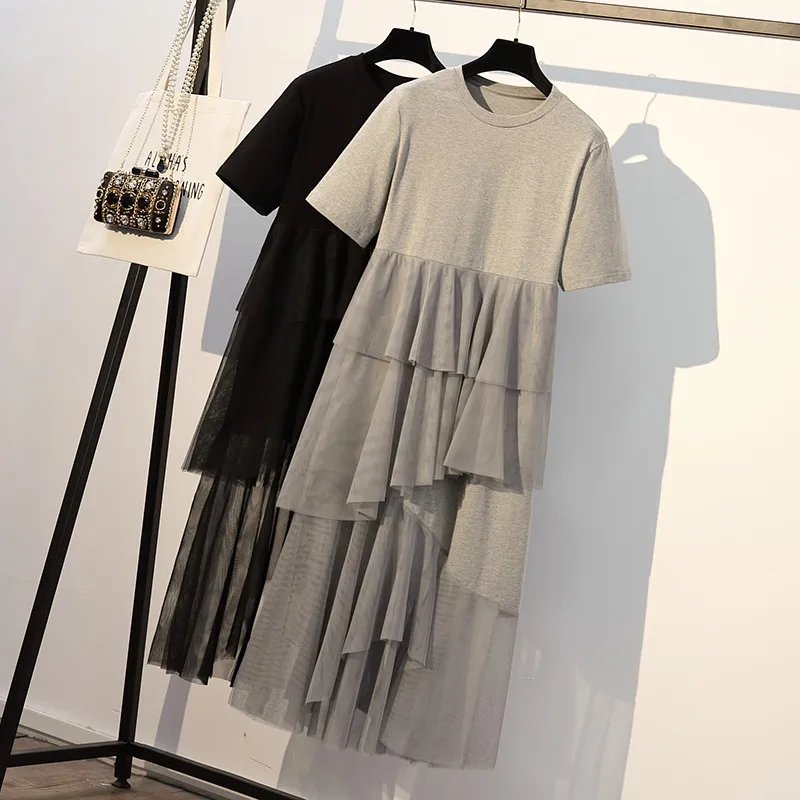 

2019 Summer High Street Dress Women Asymmetry Cascading Ruffle Mesh Patchwork Shirt Dresses O-Neck Loose Casual Plus Size Dress