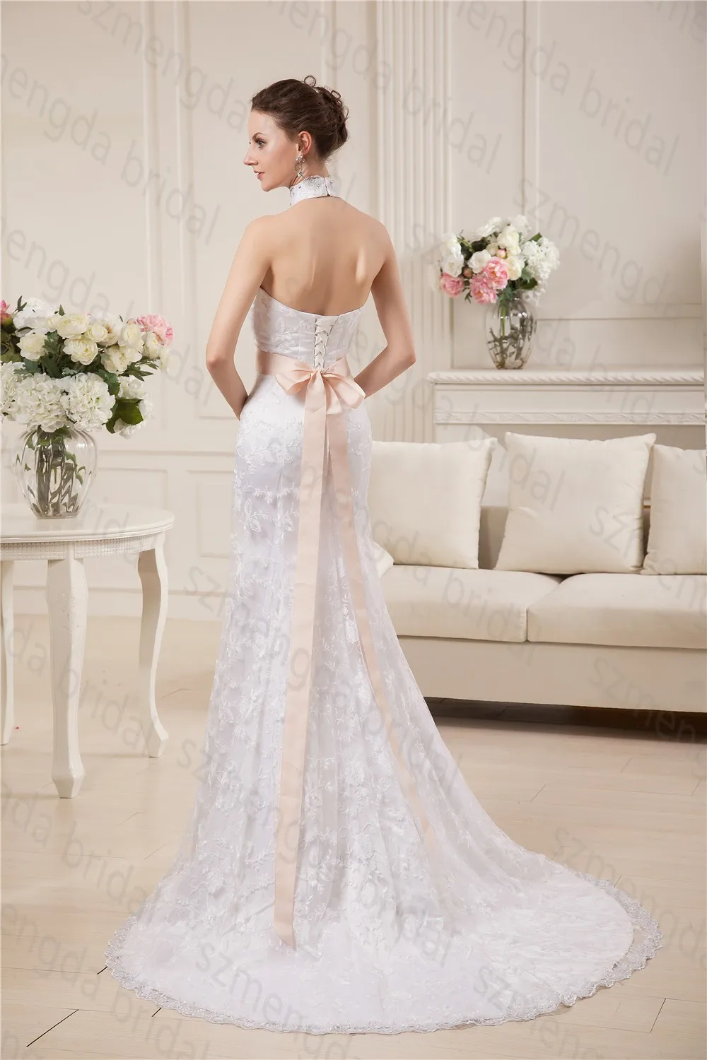 Bridal Dress Short Tail Satin Mermaid Halter Top Lace Wedding