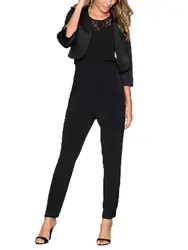 Женские прошитая, с короткими рукавами эластичный пояс Мода кружево новый стиль комбинезон черный