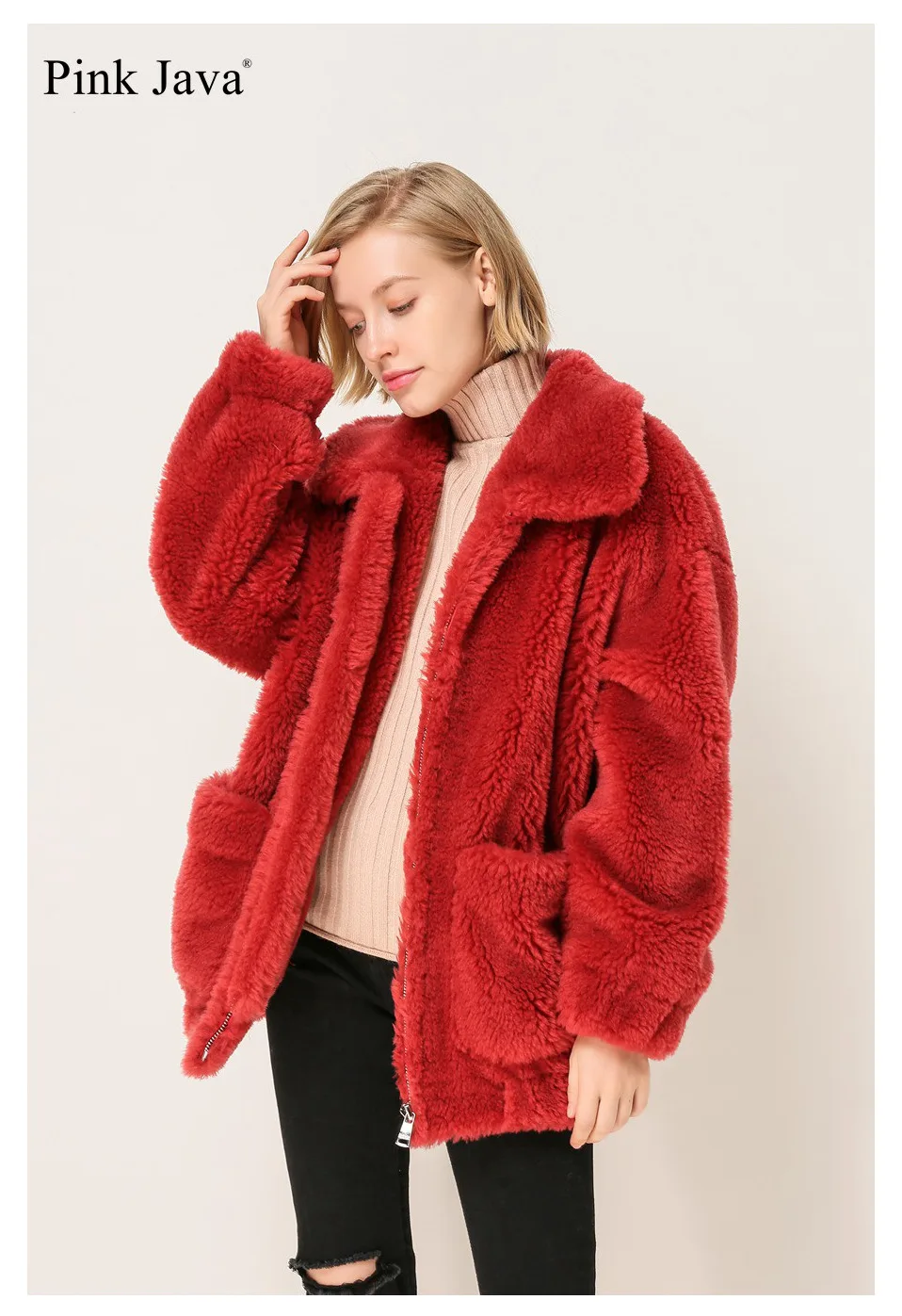 Best PINK JAVA QC1867 new arrival free shipping real sheep fur coat  camel teddy coat over size winter women coat  dress fashion warm 15