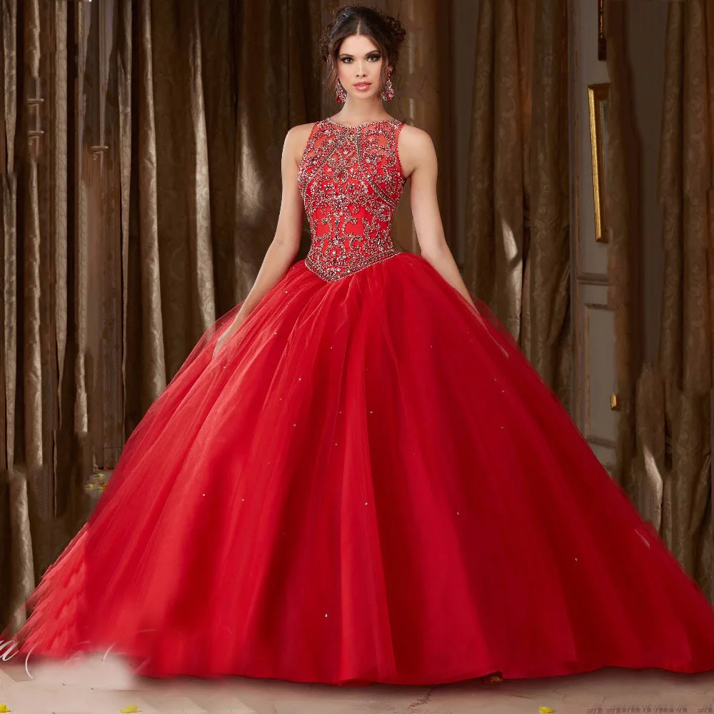 New Red Beaded and Crystal Sleeveless Ball Gown Quinceanera Dresses