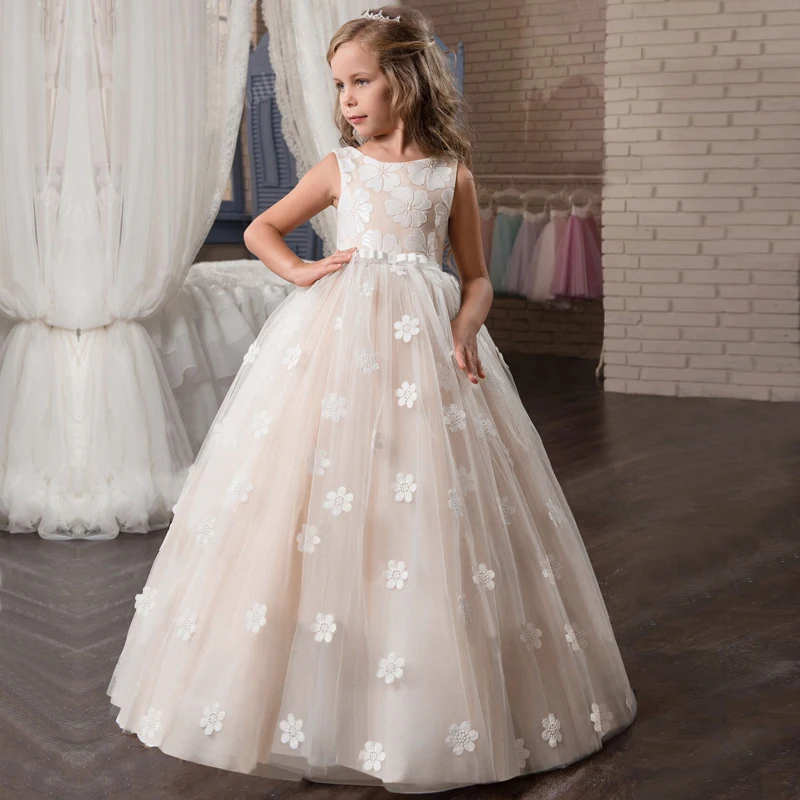 Fancy Champagne Flower Girl Wedding Dress Kids Children Communion