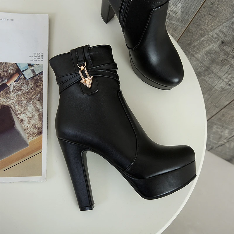 WETKISS 2020 Winter High Heels Ankle Women Boots Round Toe Footwear Crystal Pu Female Shoes Autumn Platform Boot Big Size 34-50