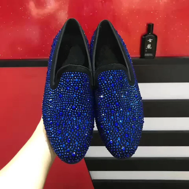 

Luxury Brand Rhinestone Genuine Leather Oxfords Slip On Mens Wedding Dress Shoes Round Toe Business Leather Shoe Flats Shoes Men