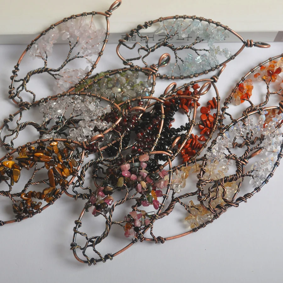 

89X40MM Oval Copper Handmade Wire Wrap Tree of life Natural Stone Crystal Opal Garnet Onyx Tiger's Eye Pendant Bead 1Pcs