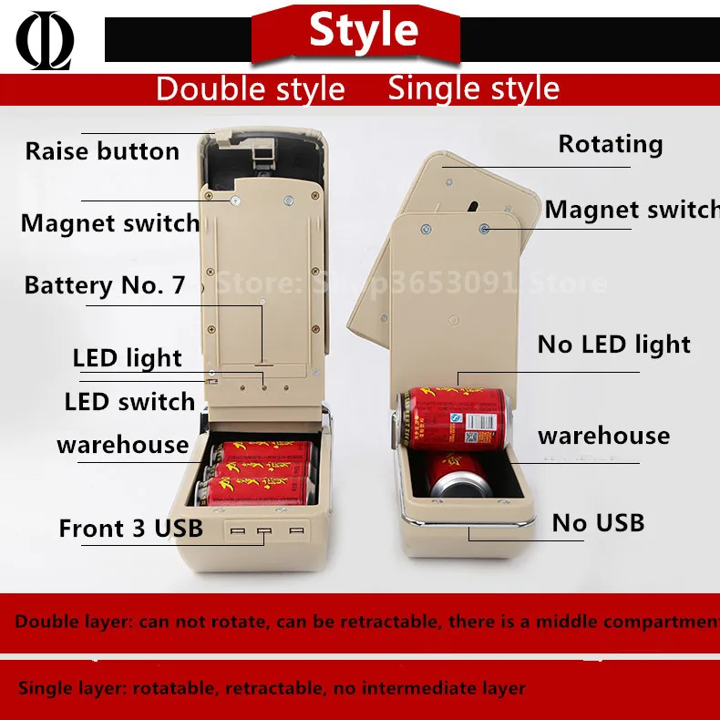  New product 7USB+Lift+Slide+LED central Store armrest box content box with cup holder ashtray For C