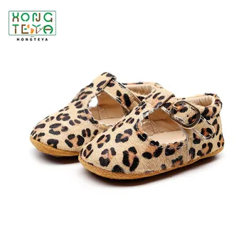 

New Leopard Print Girls Hard Sole Baby Shoes Genuine Leather Horse Hair Child First Walkers T- Bar Summer Baby Moccasins