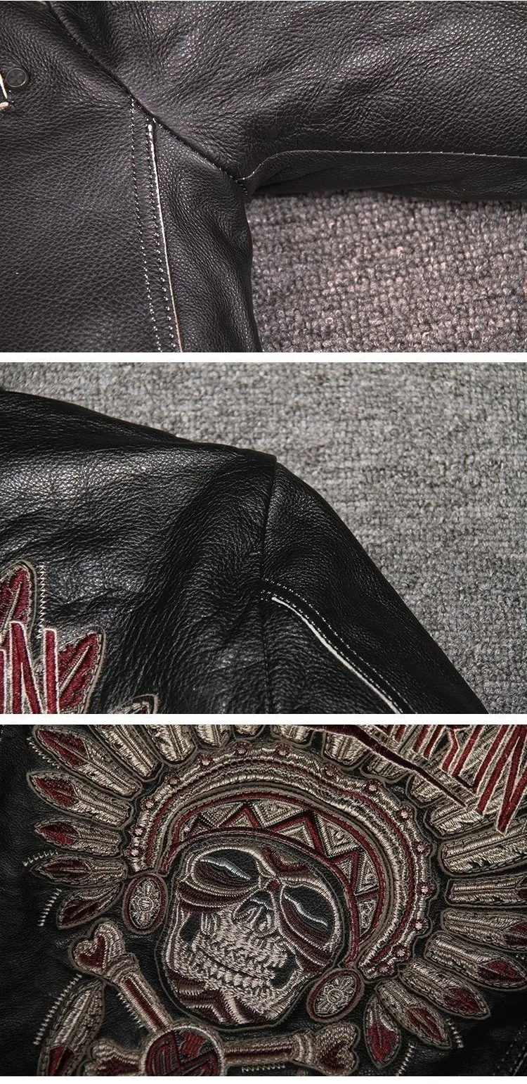 Бесплатная доставка. Брендовые мужские кожаные куртки с черепом, Мужская байкерская куртка из натуральной кожи. мотоциклетная куртка homme