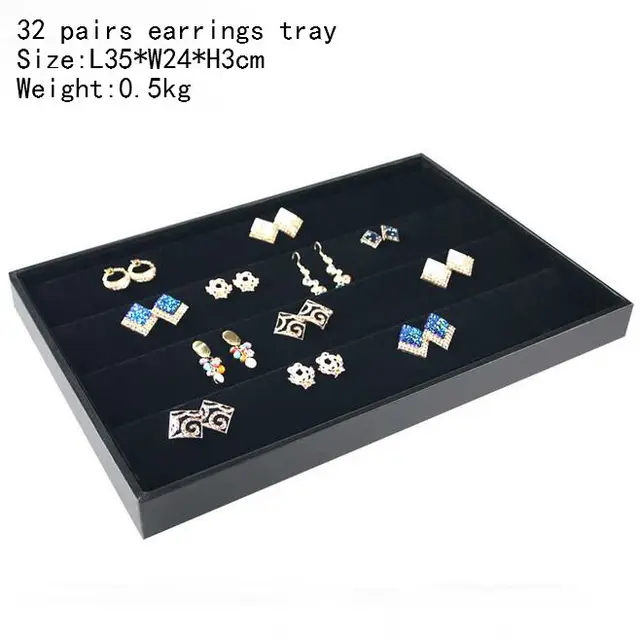 Hot Selling PU Frame Velvet Jewelry Organizer Jewellery Display Ring Box Necklace Earring Holder Various Models for Option 32 pair earring tray