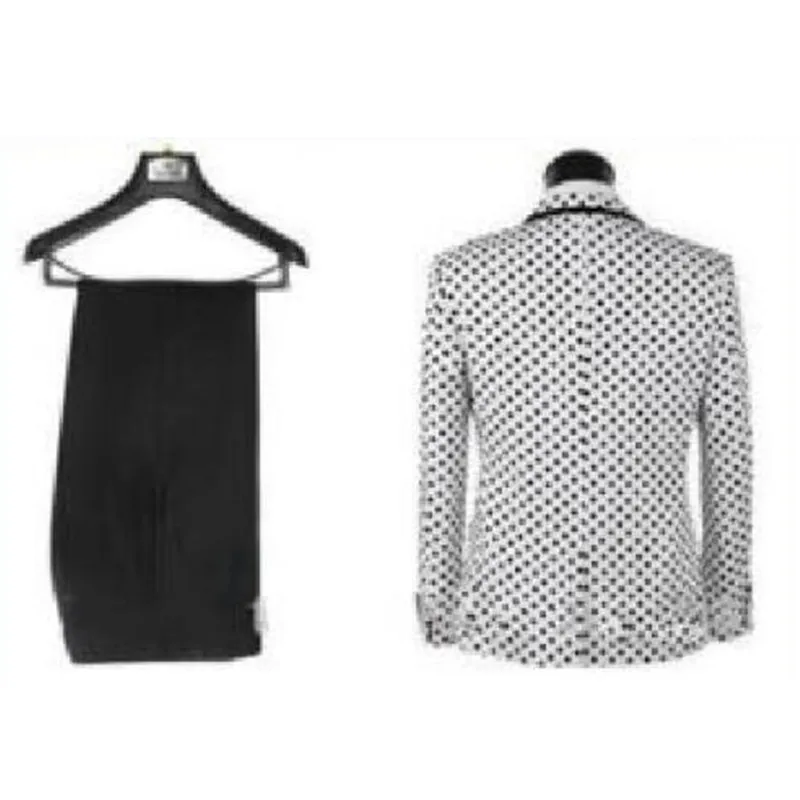 Men's New Suit Black and White Groom Tuxedo Business Casual Suit with Black and White Dot Pattern Custom Jacket + Pants