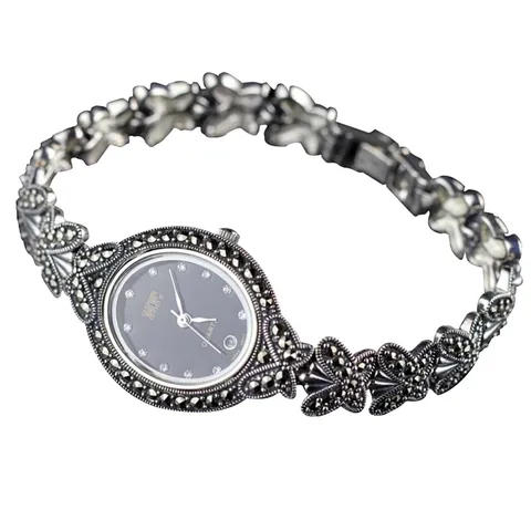 Quente de Alta Venda Qualidade Estilo Borboleta Pulseira Pave Marcasite Relógios Pulso Feminino Retro 925 Prata Esterlina Relógio Real