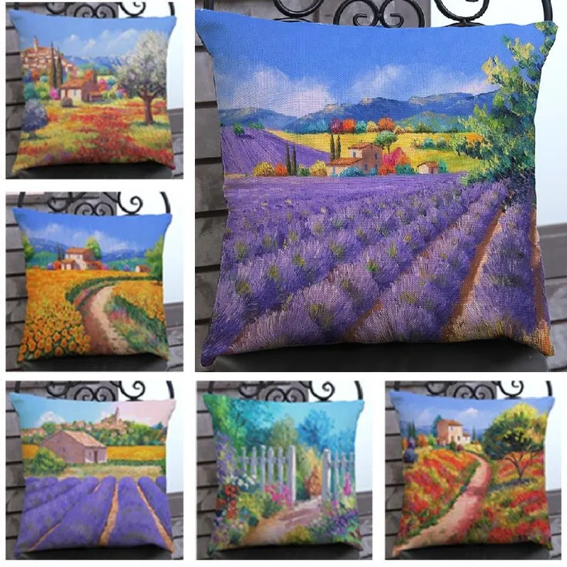 Lavender Painting Cushion Cover Linen Throw Pillow Cover Home Decoration Car Sofa Decorative Pillowcase coussin 45x45cm