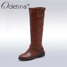 Odetina/Новинка года; модные женские сапоги для верховой езды на низком массивном каблуке; сапоги до колена с боковой молнией и пряжкой; зимняя обувь; большие размеры 43