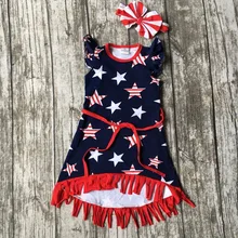 Nouvelle arrivée Juillet 4ème bébé filles enfants d’été fringe glands tenues dress étoiles impression ceinture marine rouge correspondant accessoires arc ensemble