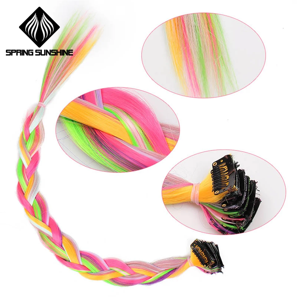 Spring sunshine Single Clip In One Piece Long Straight Heat Resistant Synthetic Hair Extensions Pink Green Hair Pieces