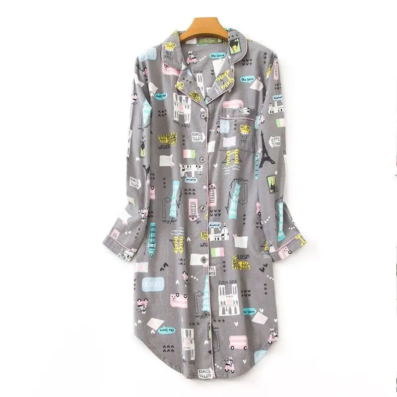 

2019 Autumn New arrival Brand Sleepshirts Women Casual Cartoon dress Female Turn-down collar Nightdress Ladies Cotton Nightgown