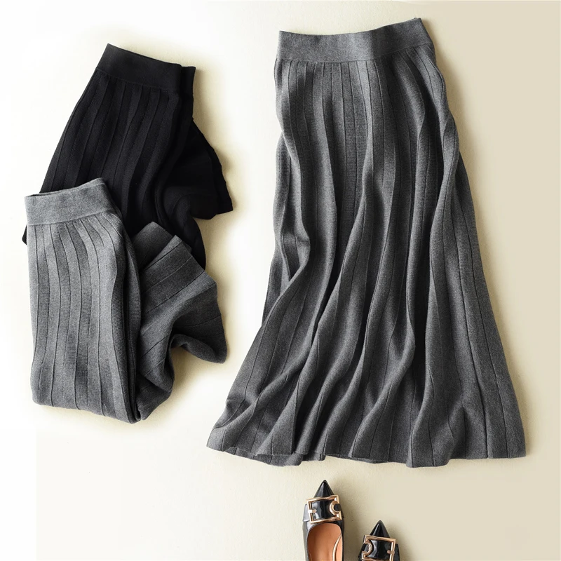 

adohon 2018 womens winter Cashmere Skirts and auntmun women knitted Knee-Length High Quality Warm Female thickening Pleated
