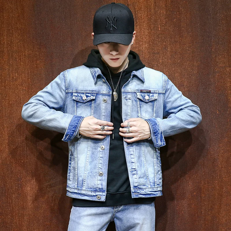 

vintage wash long sleeves single breasted denim blue jeans coats jackets for men adults boys spring autum season