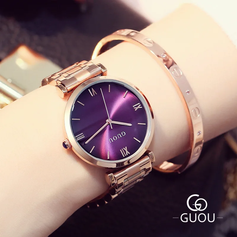 Роскошные женские часы, розовое золото, стальной браслет, кварцевые часы, элегантные женские Простые Модные вечерние часы, женские ювелирные изделия Orologio Donna - Цвет: Фиолетовый