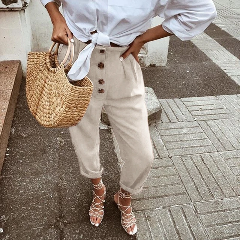 Bigsweety Women Harem Pants Cotton Linen Vintage High Waist Elastic Trousers Casual Ladies Sweatpants Fashion Button Pants New Bigsweety Women Harem Pants Cotton Linen Vintage High Waist Elastic Trousers Casual Ladies Sweatpants Fashion Button Pants New
