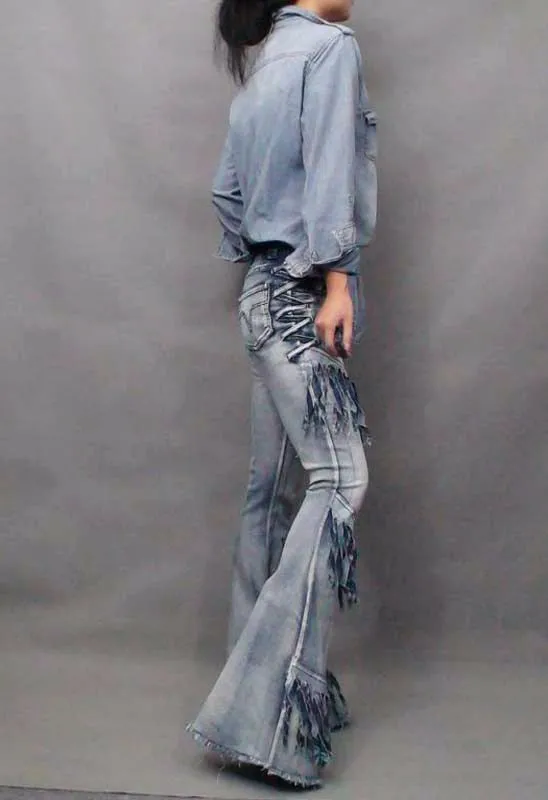 Мода года персональный градиент брюки с бахромой джинсовые расклешенные брюки стрейч большого размера для детей длинные штаны из денима высокие Для женщин W375