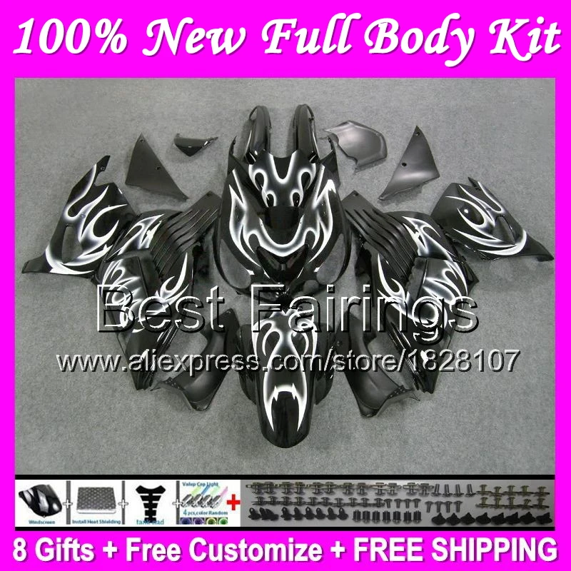 

White flames Fairing For KAWASAKI NINJA ZX14R ZX-14R B11 ZX 14R 06 07 08 09 10 11 2006 2007 2008 2009 2011 +Decal white black