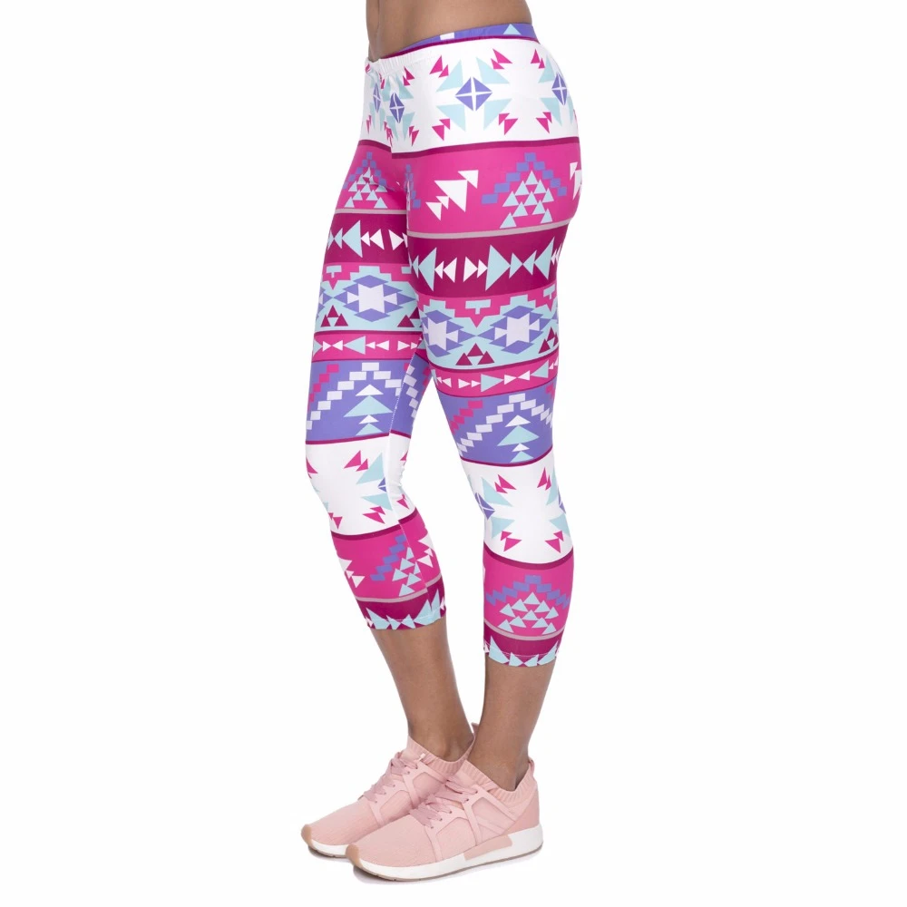 

Summer Women Capri Leggings Boho Pink Printing Sexy Mid Leg 3/4 Movement Leggins Fashion Capri Pants
